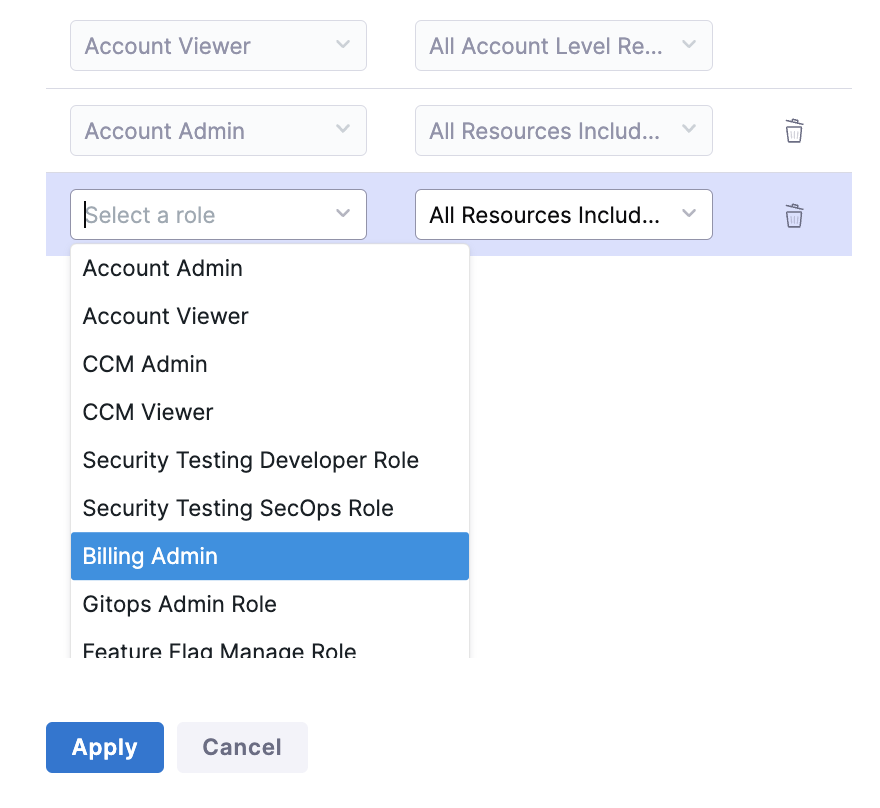 Selecting the Billing Admin role